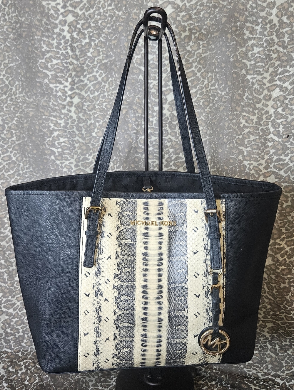 Michael Kors Medium Jet Set Black Python Print Tote Bag